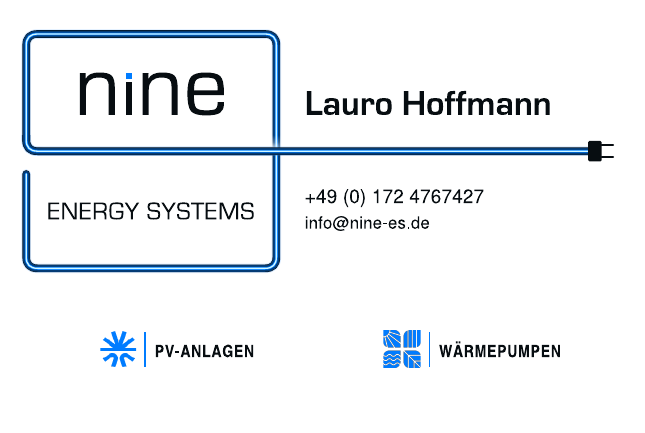 Visitenkarte von Lauro Hoffmann, nine Energy Systems, Telefon +49 172 4767427, E-Mail info@nine-es.de